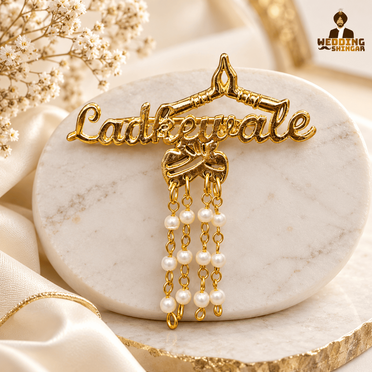 Ladkewale gold wedding brooch with pearl drops for baratis, safa, coat and sherwani