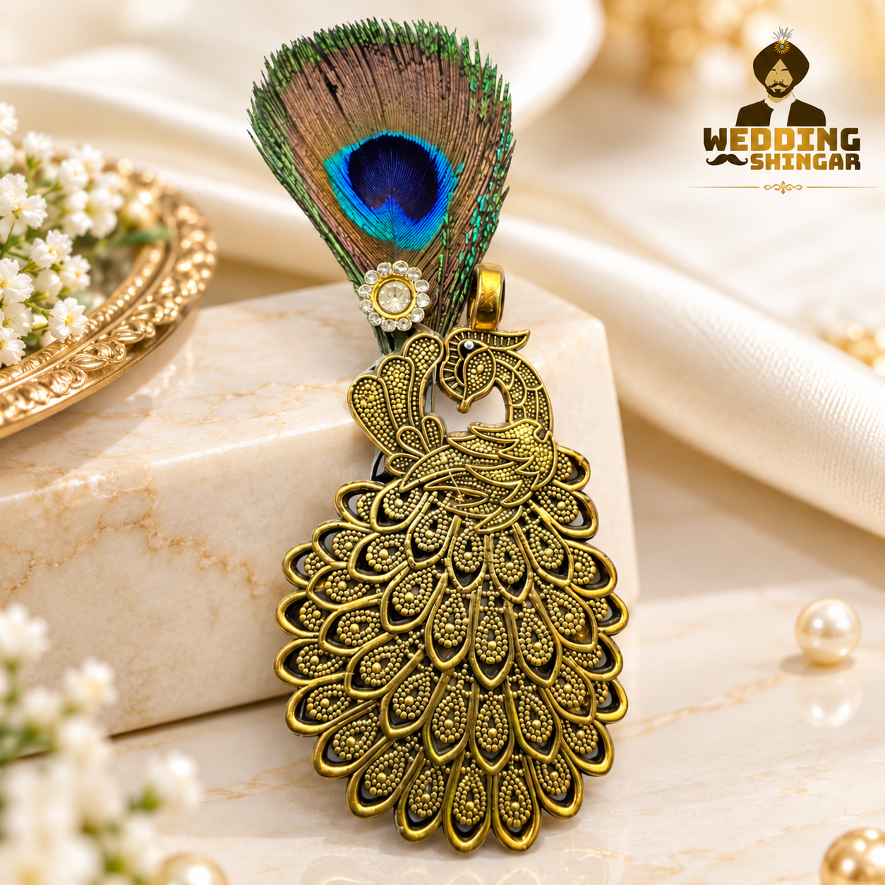 Peacock feather Safa and coat brooch for wedding baratis with antique-gold peacock design