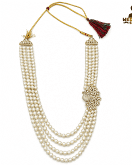 Elegant Multi-Layer Pearl Groom Mala with Gold-Tone Peacock Pendant