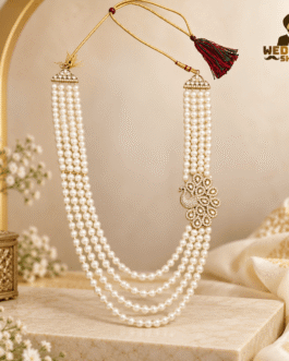 Elegant Multi-Layer Pearl Groom Mala with Gold-Tone Peacock Pendant