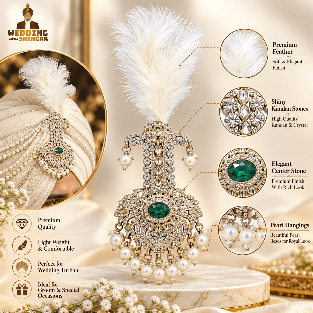 Premium White Feather Groom Kalgi with Green Stone - Image 4