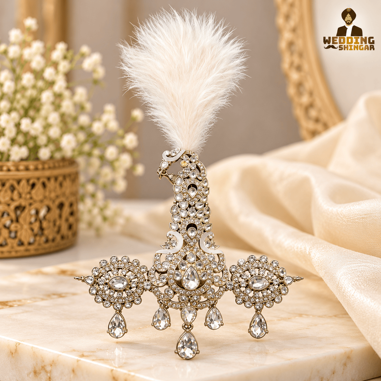 Premium white feather groom Kalgi with clear stones and gold-tone detailing for a wedding turban or safa.
