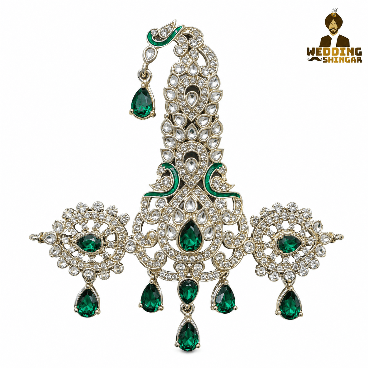 Royal Green Stone Groom Kalgi with White Feather - Image 3