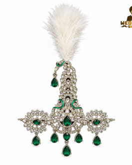 Royal Green Stone Groom Kalgi with White Feather