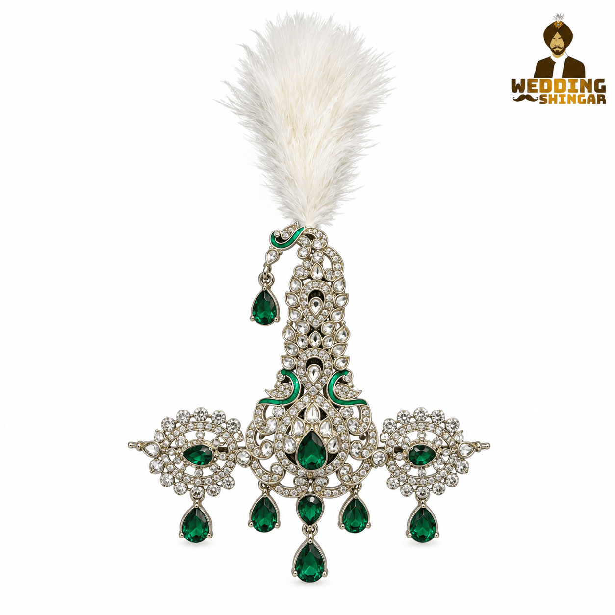 Royal Green Stone Groom Kalgi with White Feather - Image 2