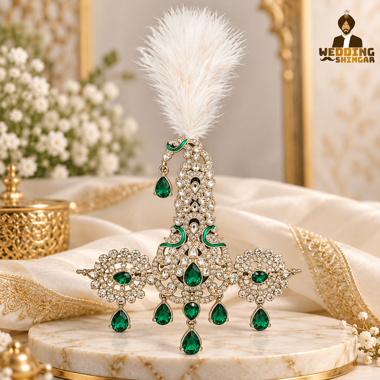 Royal green stone groom Kalgi with white feather for wedding Safa and Sikh groom turban