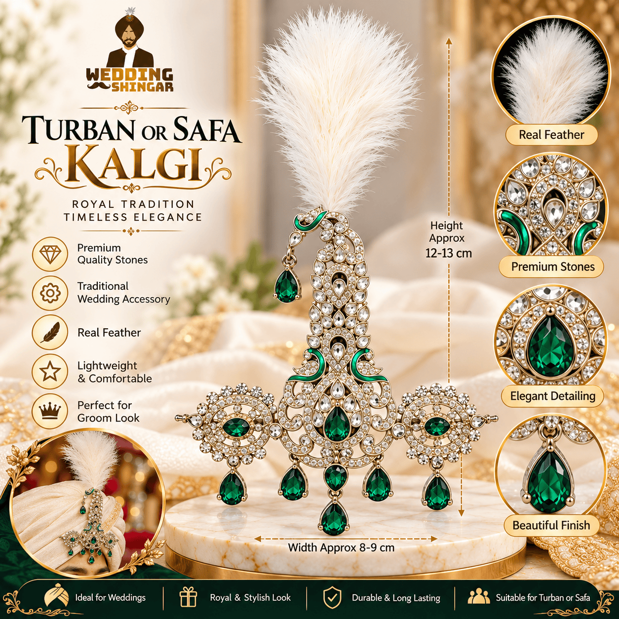 Royal Green Stone Groom Kalgi with White Feather - Image 4