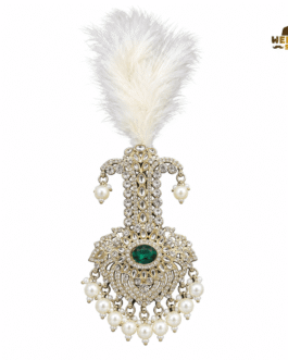 Premium White Feather Groom Kalgi with Green Stone