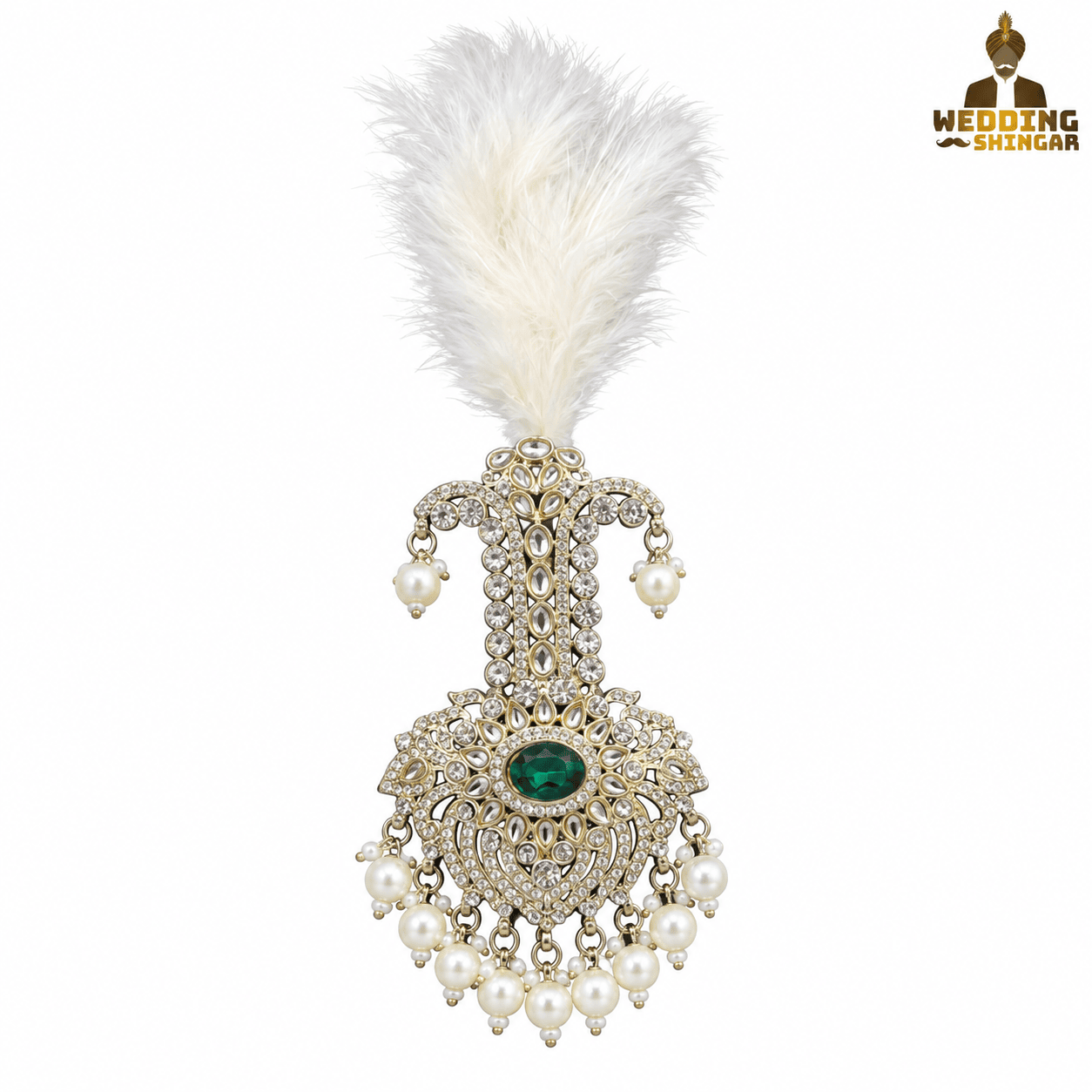 Premium White Feather Groom Kalgi with Green Stone - Image 2