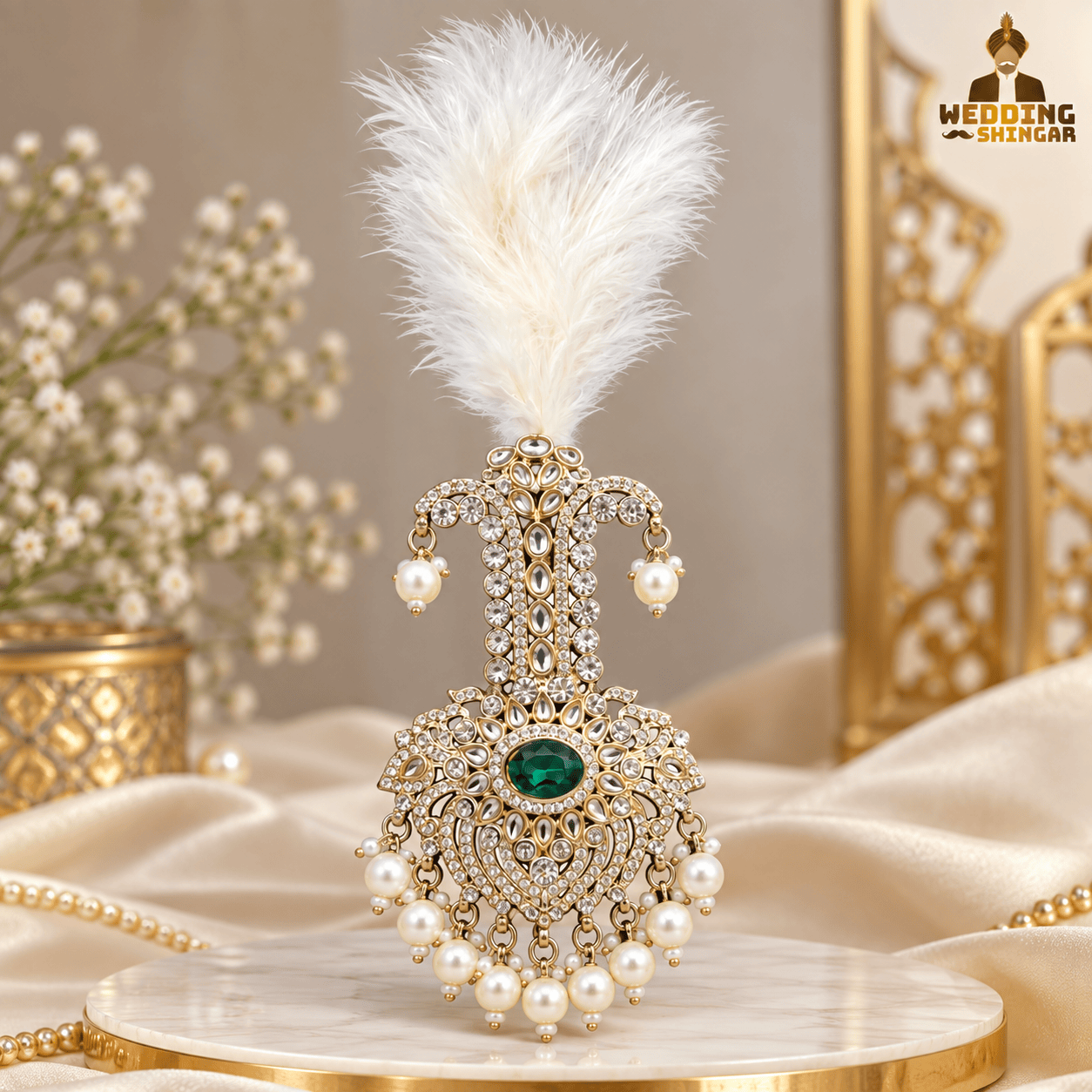 Premium white feather groom Kalgi with green centre stone and pearl hangings for wedding Safa and Sikh turban