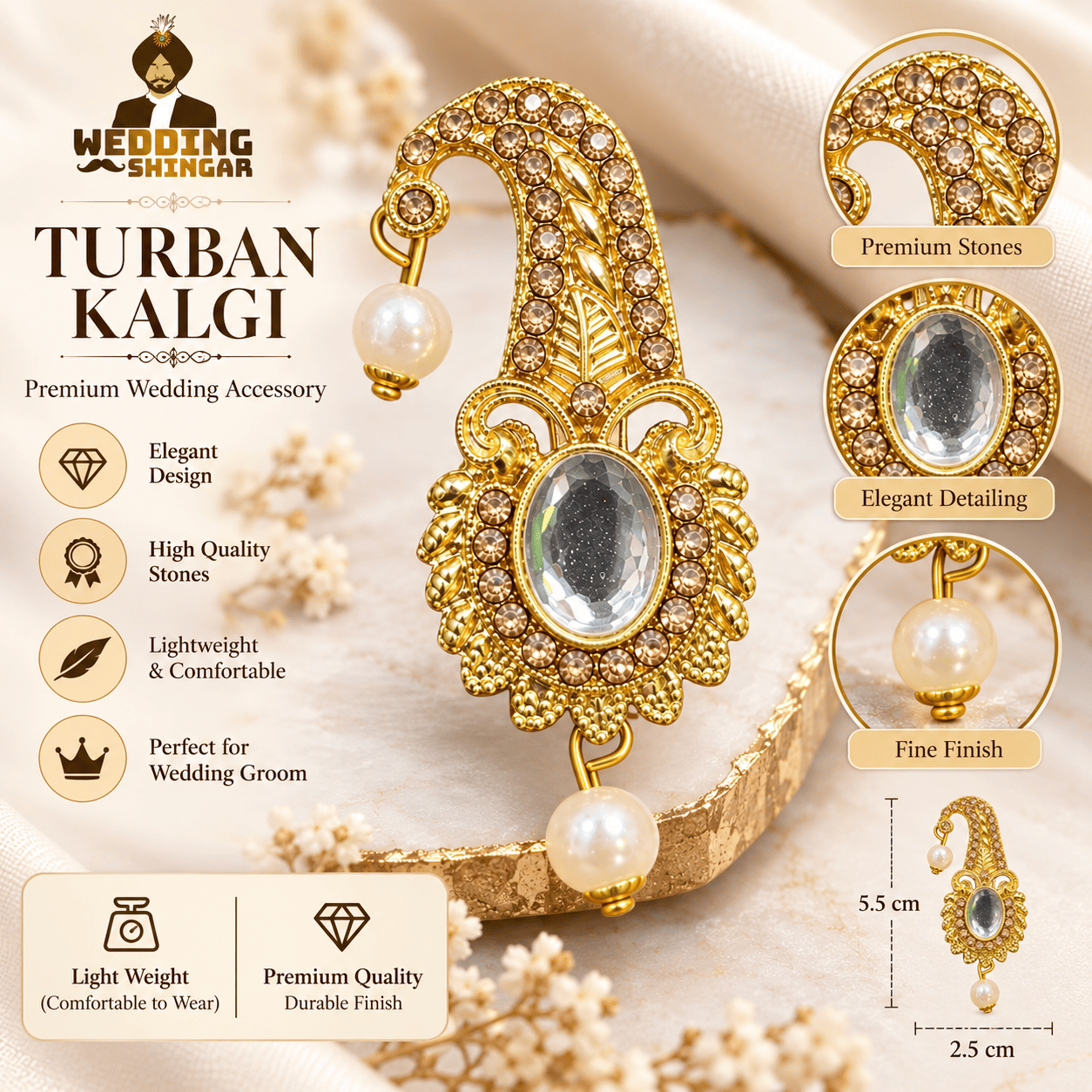 Premium Golden Stone-Studded Safa Kalgi for Wedding Baratis - Image 3