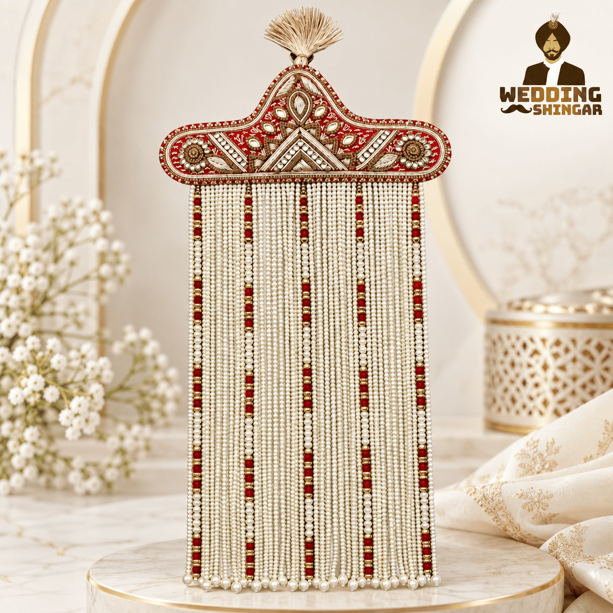 Royal red and ivory pearl groom wedding Sehra with traditional embroidered crown.