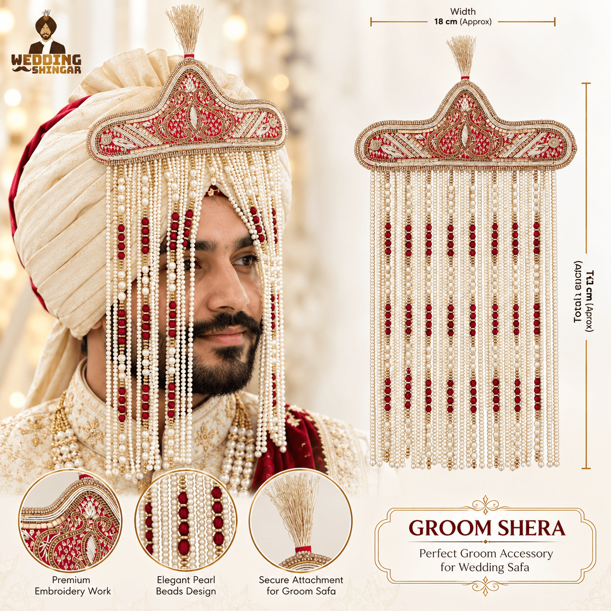 Premium Maroon Pearl Groom Wedding Shera for Safa & Sikh Turban - Image 3