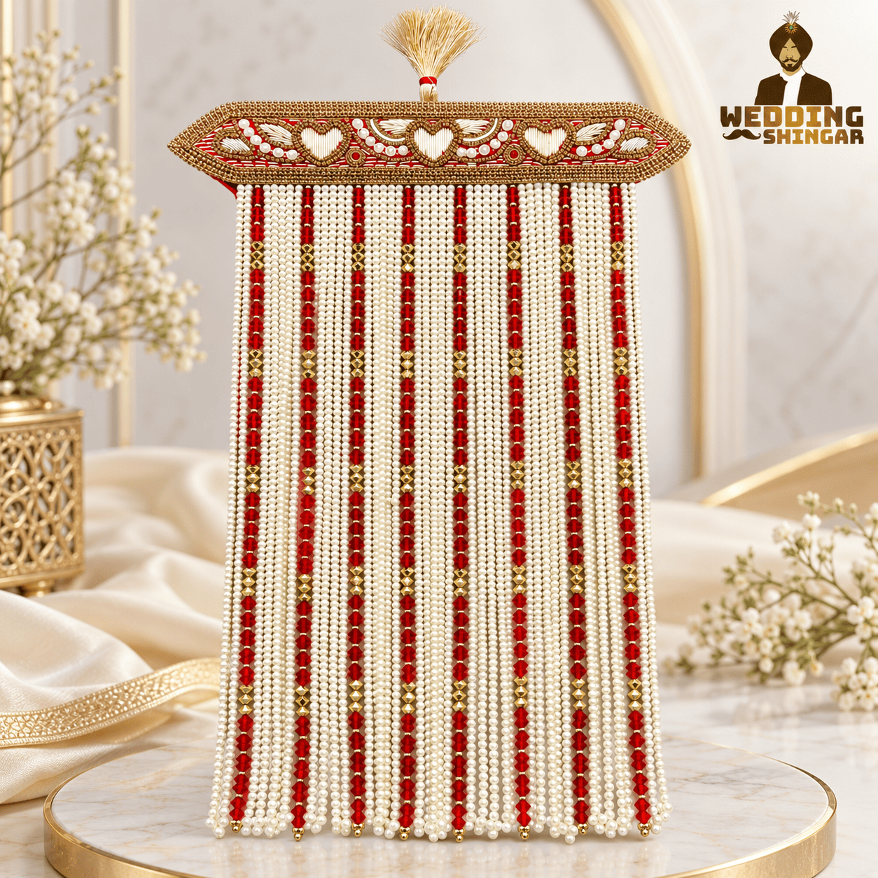 Premium red and ivory pearl Groom Wedding Shera with gold-tone decorative detailing by Wedding Shingar