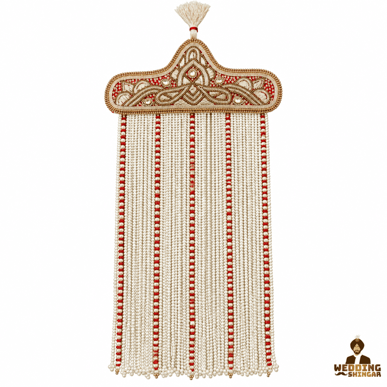Royal Red & Pearl Groom Wedding Sehra for Safa - Image 2