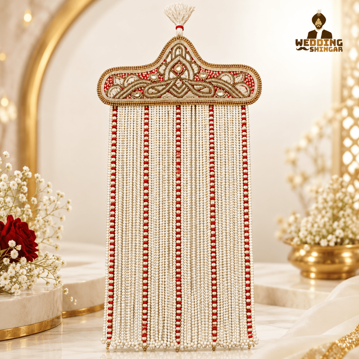 Royal red and ivory pearl groom wedding Sehra for Safa or Sikh turban