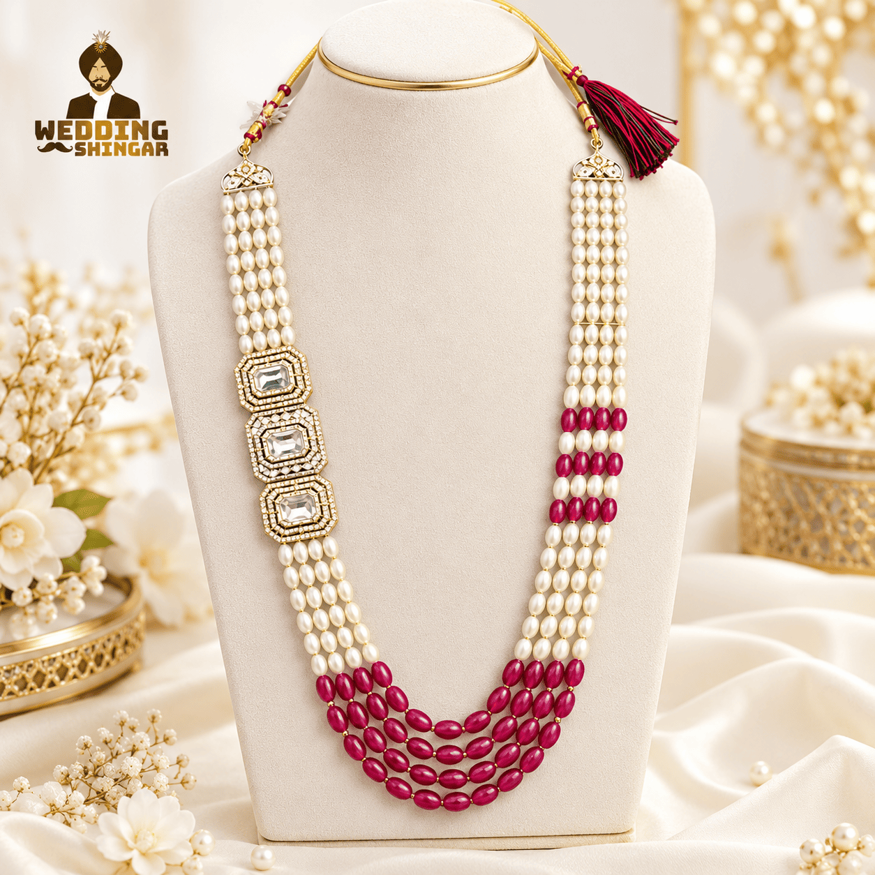 Royal pearl-style and magenta groom wedding mala with stone-studded rectangular motifs and red-gold tassels