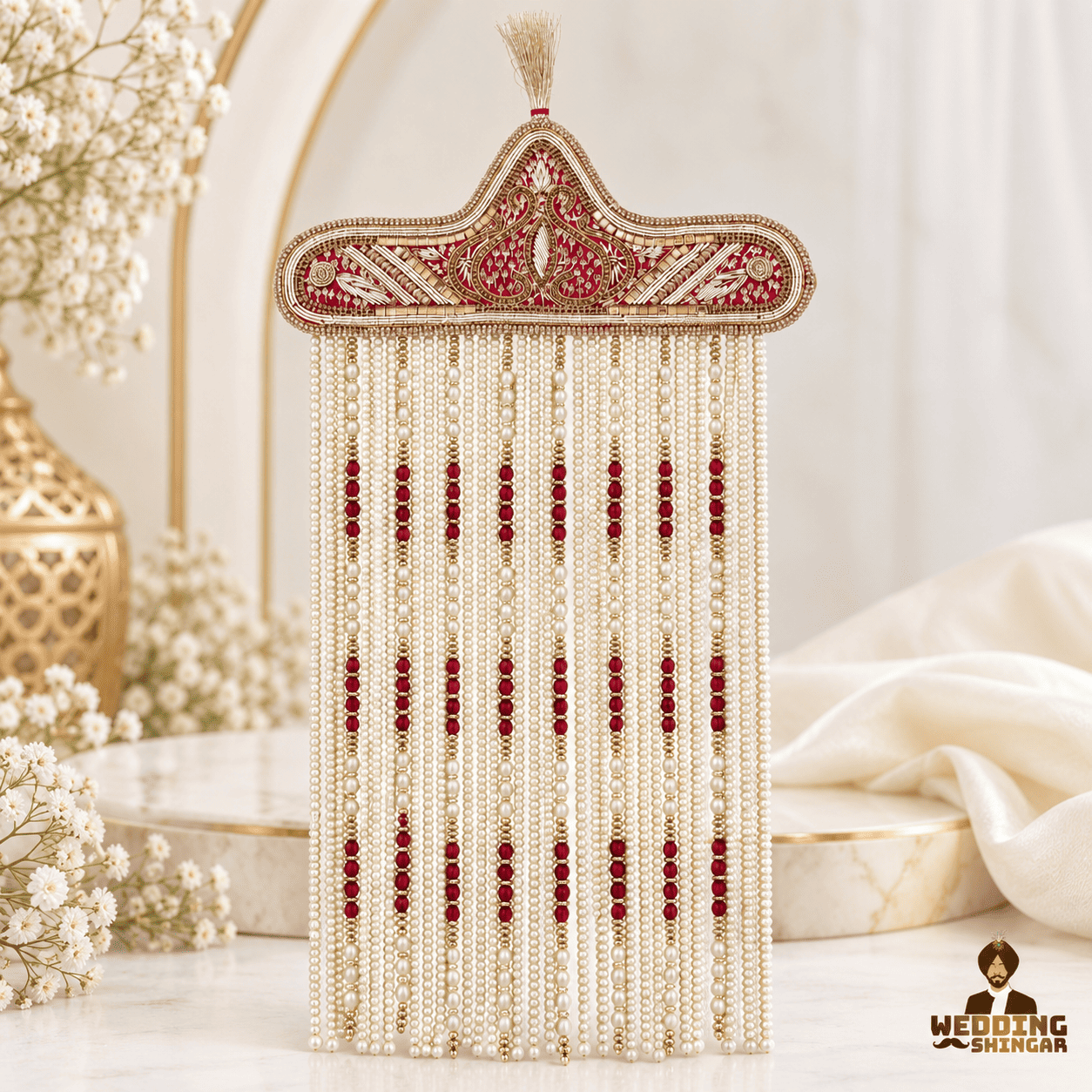 Maroon and ivory pearl-beaded groom wedding Shera for Safa and Sikh turban