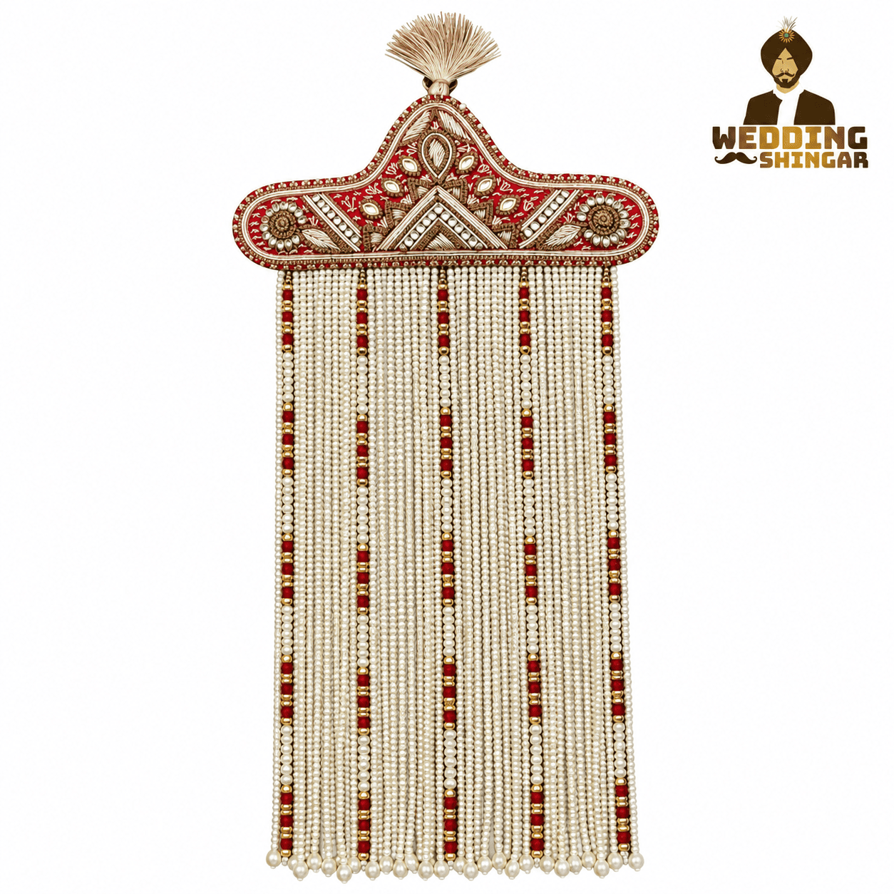 Royal Red & Pearl Groom Wedding Sehra for Safa & Sikh Turban - Image 2
