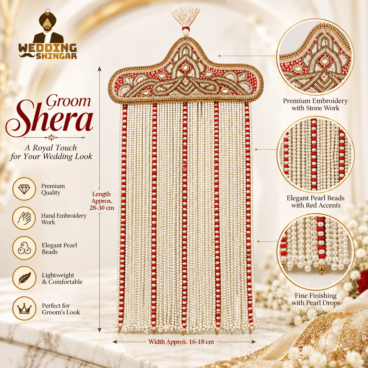 Royal Red & Pearl Groom Wedding Sehra for Safa - Image 3