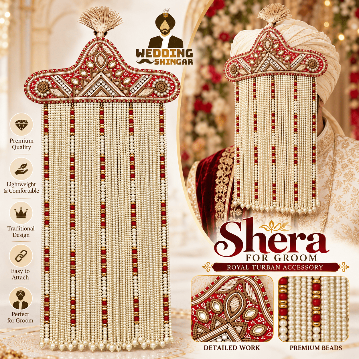 Royal Red & Pearl Groom Wedding Sehra for Safa & Sikh Turban - Image 3