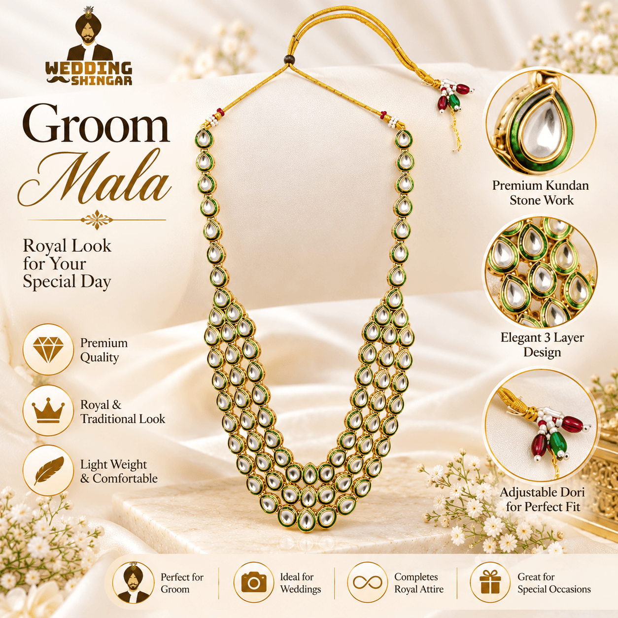 Royal Green Kundan Groom Wedding Mala - Image 3